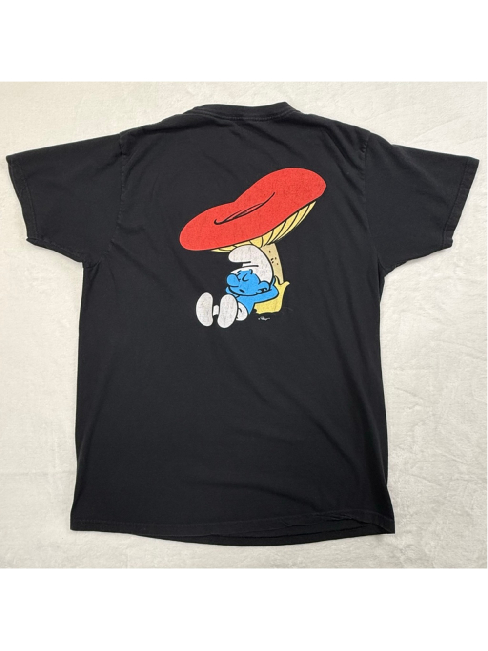 Men's The Smurfs Black Blue Short Sleeve Mushroom Sleeping Graphic Tee Large